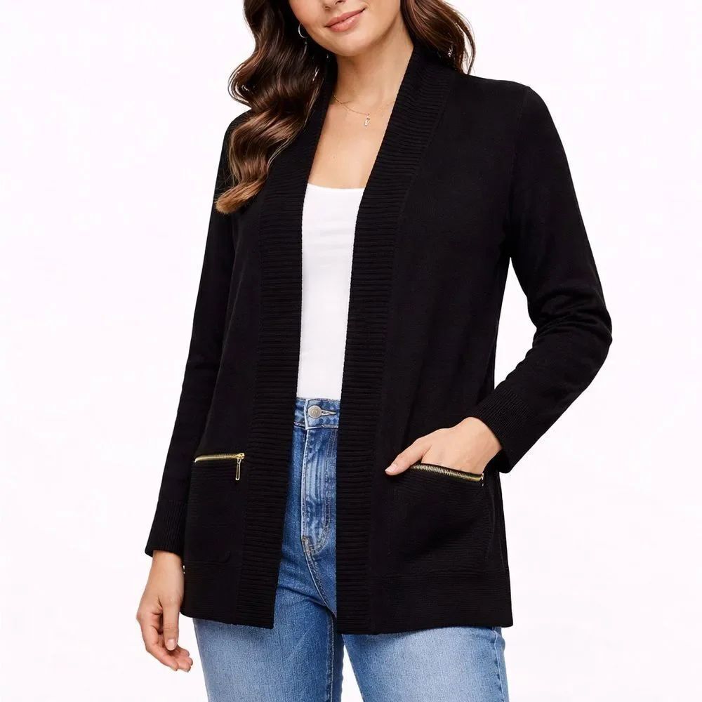 Magaschoni Black Long Sleeve Zipper Detail Open Front Knit Cardigan